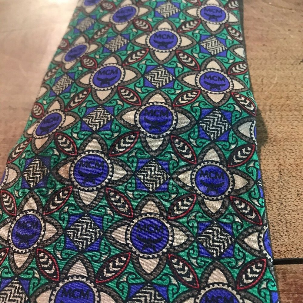 MCM Logo Mens Tie 100% Silk Purple Green Red Brown Floral